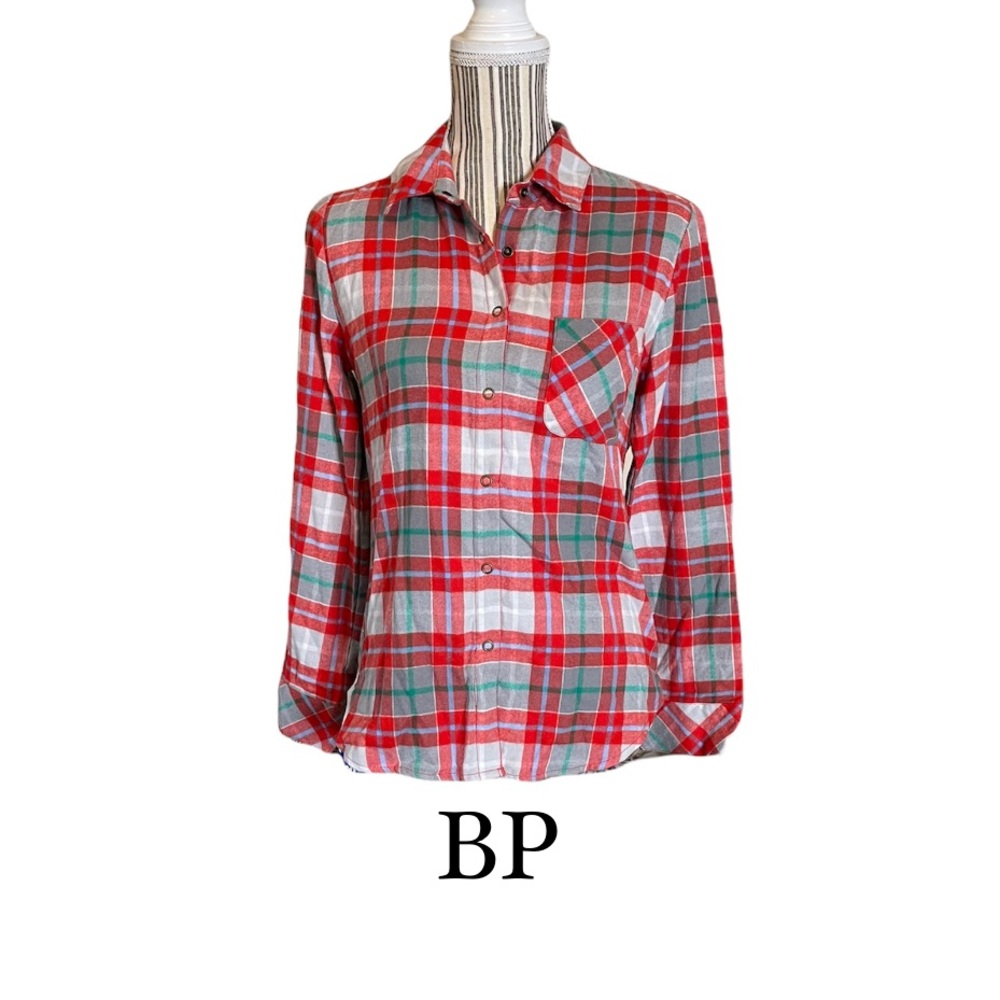BP Snap Button Soft Flannel Plaid Tartan Red Long Sleeve XS